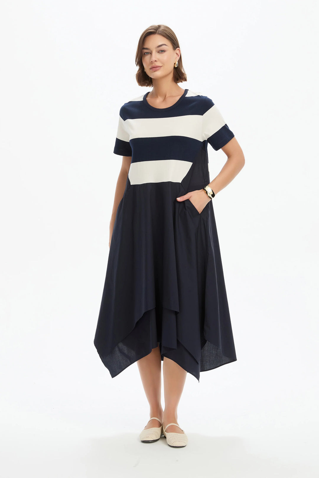 STRIPE HANKY HEM COMBI DRESS - NAVY AND WHITE STRIPE