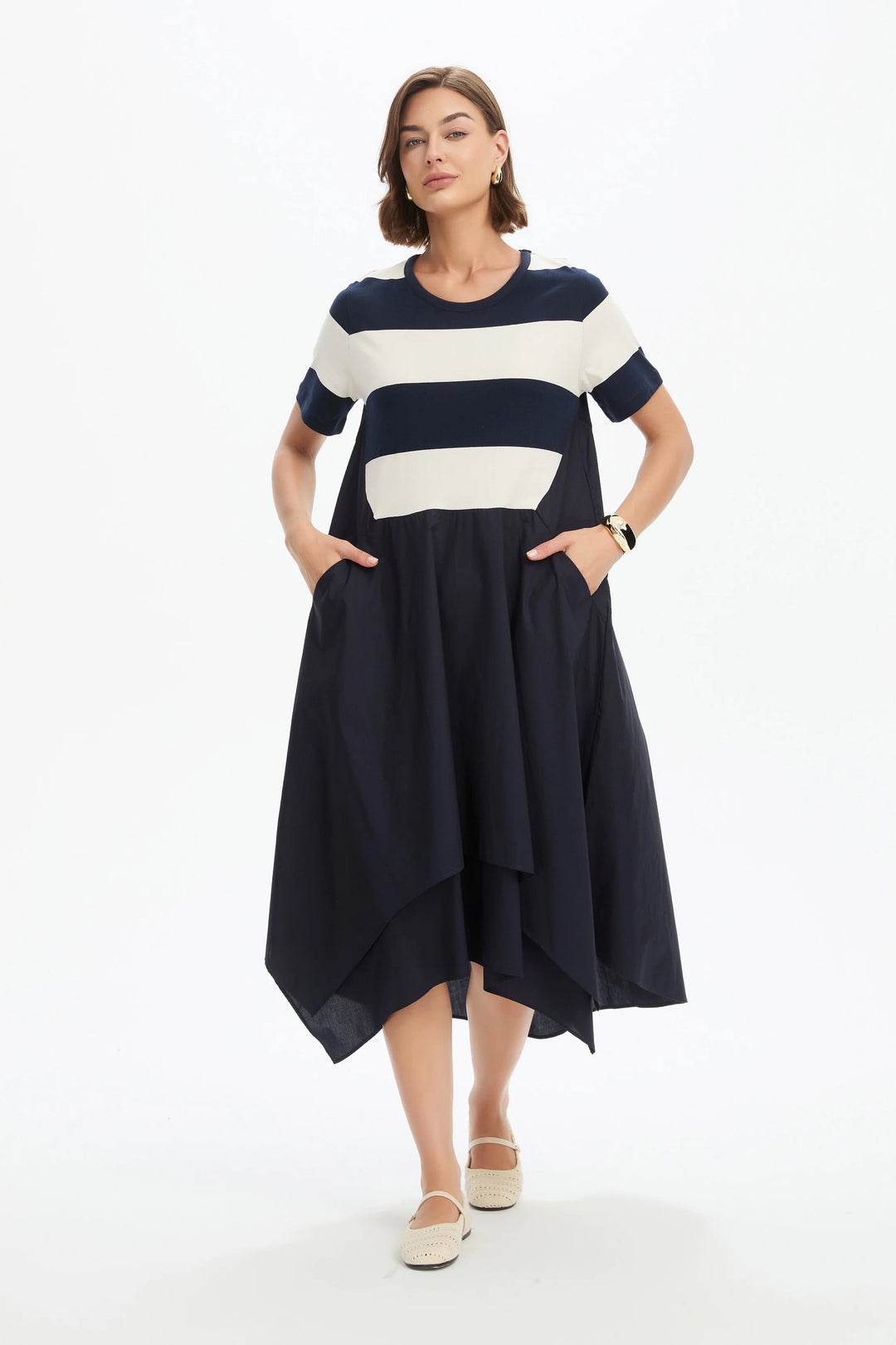 STRIPE HANKY HEM COMBI DRESS - NAVY AND WHITE STRIPE