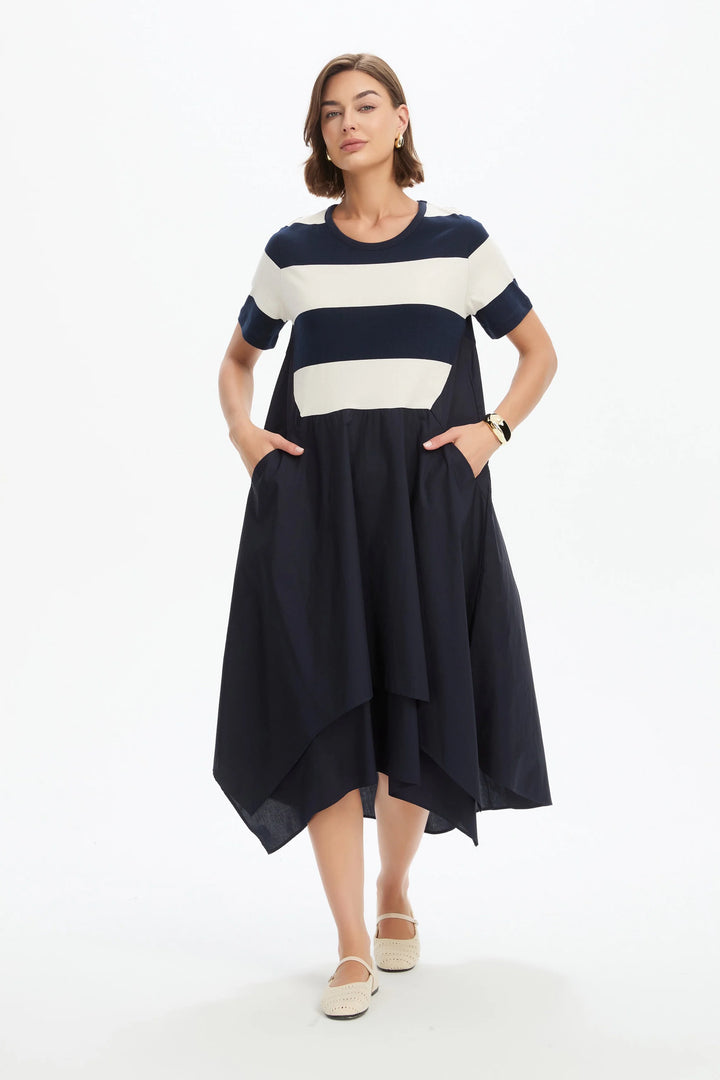 STRIPE HANKY HEM COMBI DRESS - NAVY AND WHITE STRIPE