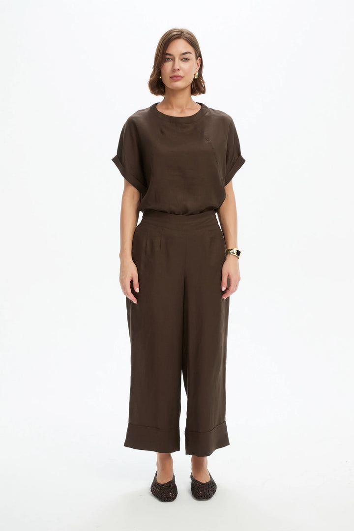 WIDE LEG LINEN PANT - Chocolate