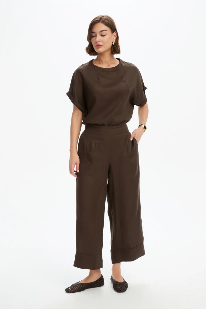 WIDE LEG LINEN PANT - Chocolate