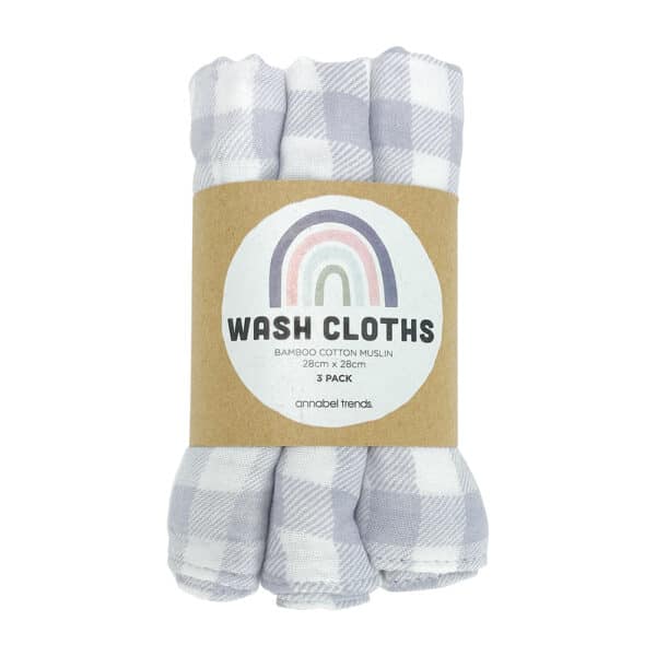Muslin Wash Cloths 3 piece - Gingham Cool Grey