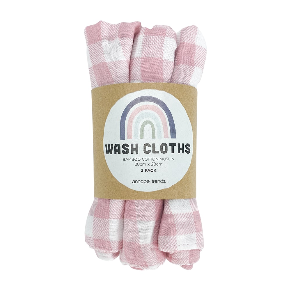 Muslin Wash Cloths 3 piece - Gingham Pink Clay