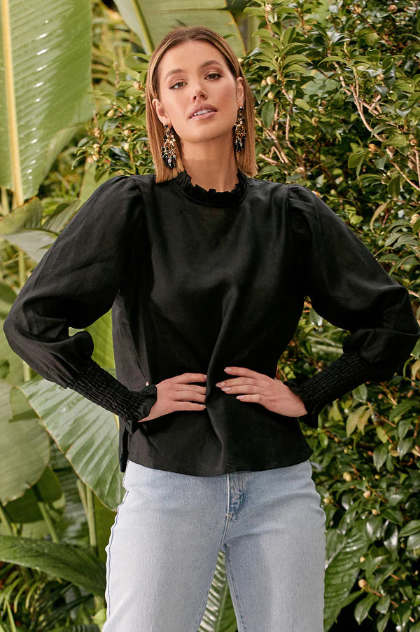 Olivia Rouched Linen Shirt - Black