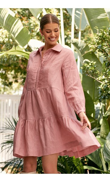 Lyra Pintuck Pink Linen Dress