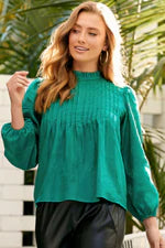 Maggie Green Linen Pintuck Top