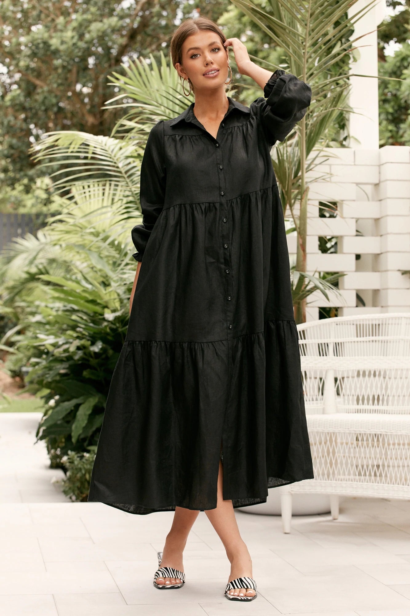 Kinley Black Linen Tiered Dress