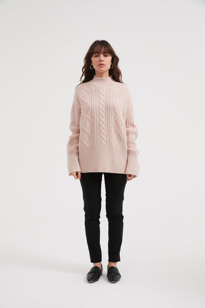 Champagne Pink Classic Cable Turtle Neck Knit