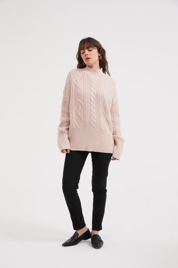 Champagne Pink Classic Cable Turtle Neck Knit