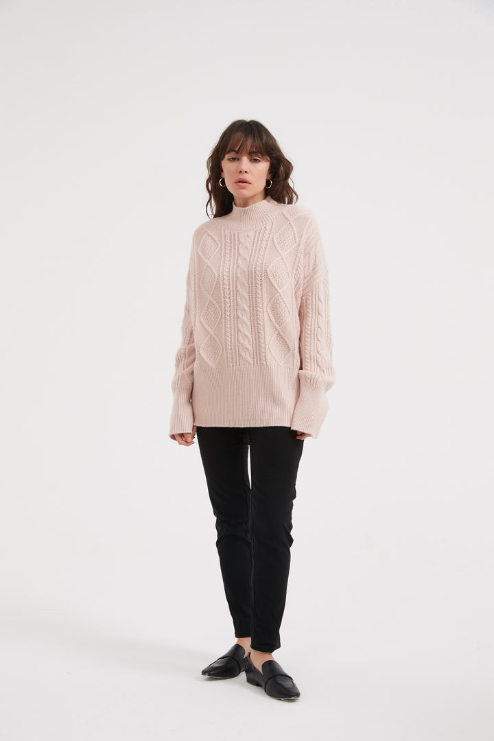 Champagne Pink Classic Cable Turtle Neck Knit