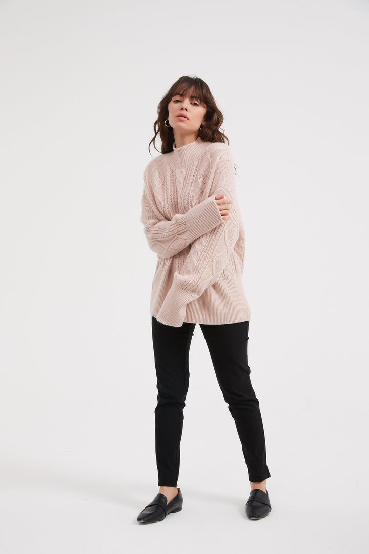 Champagne Pink Classic Cable Turtle Neck Knit