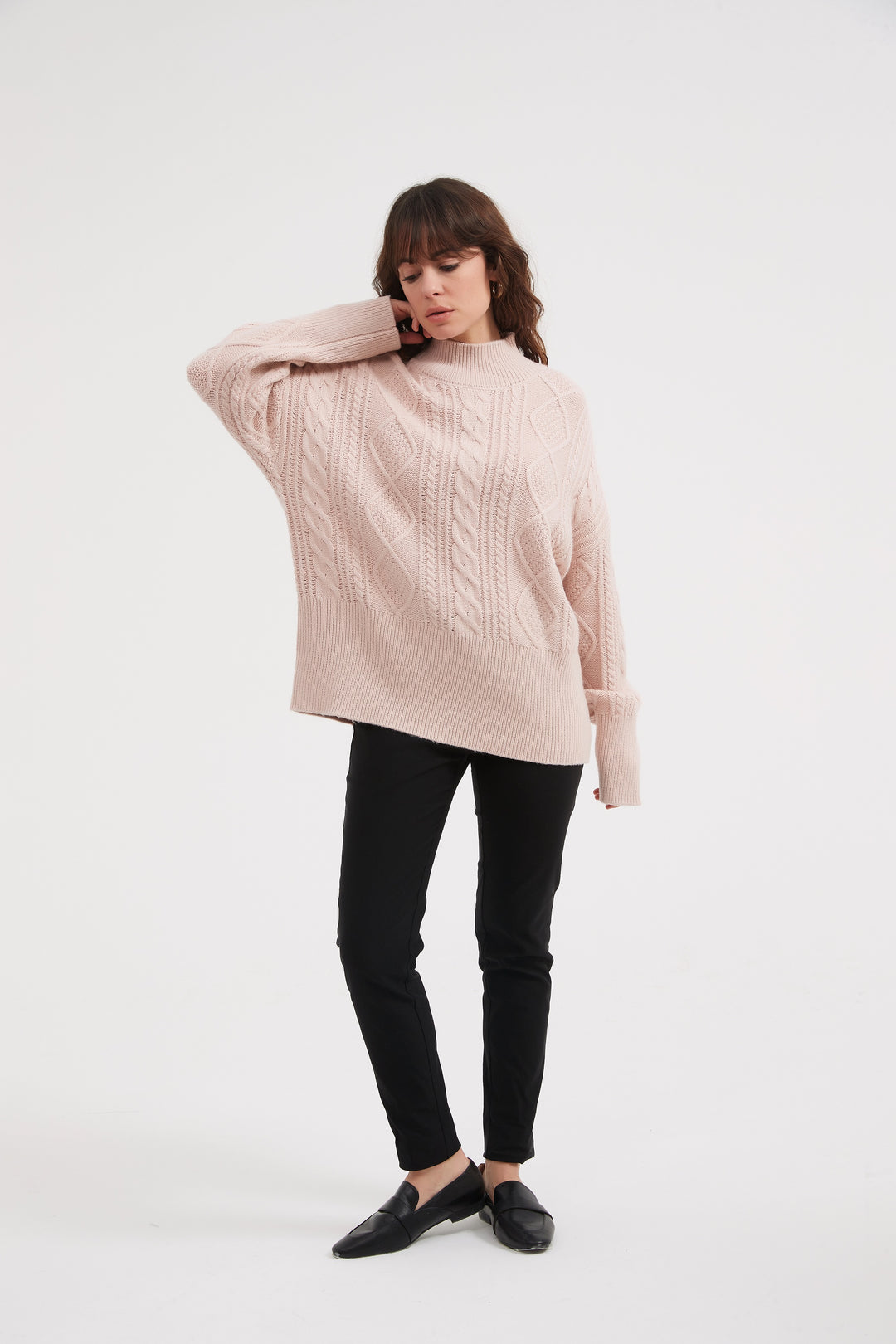 Champagne Pink Classic Cable Turtle Neck Knit