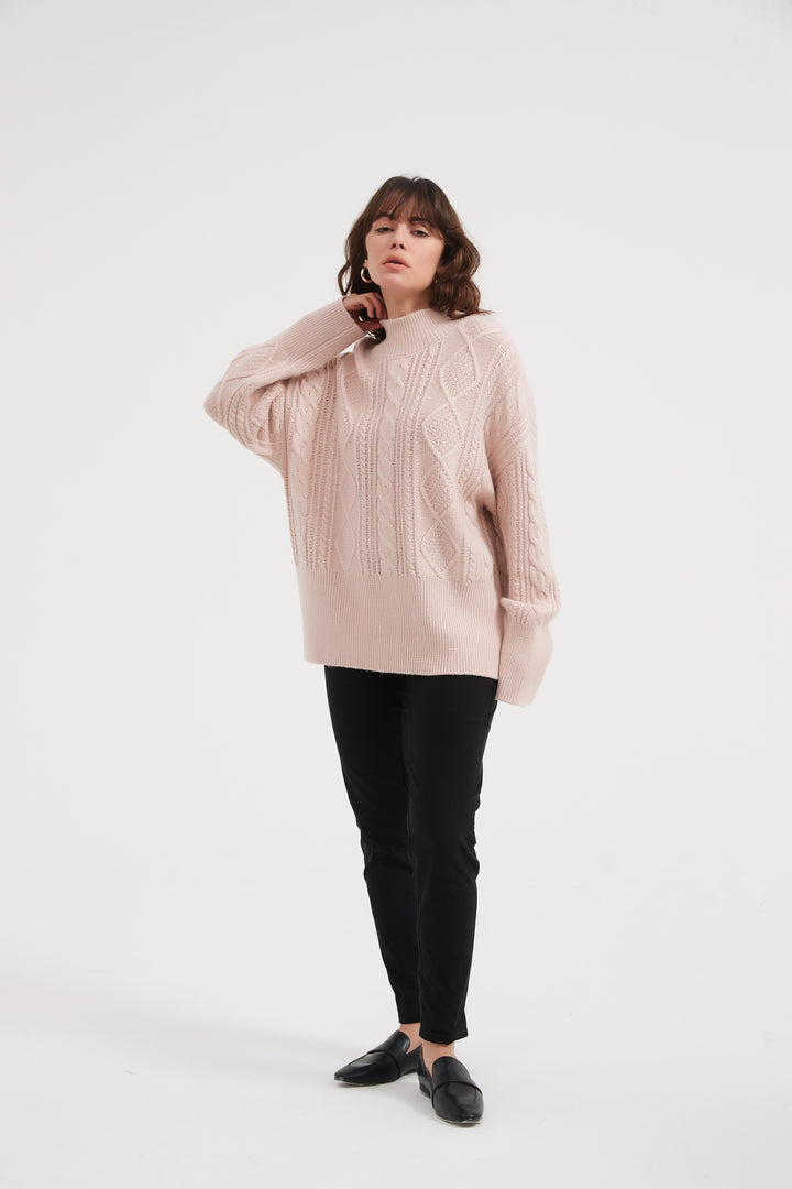 Champagne Pink Classic Cable Turtle Neck Knit