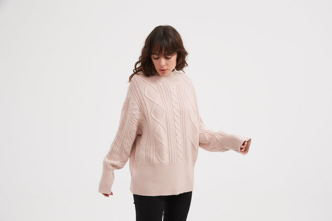 Champagne Pink Classic Cable Turtle Neck Knit