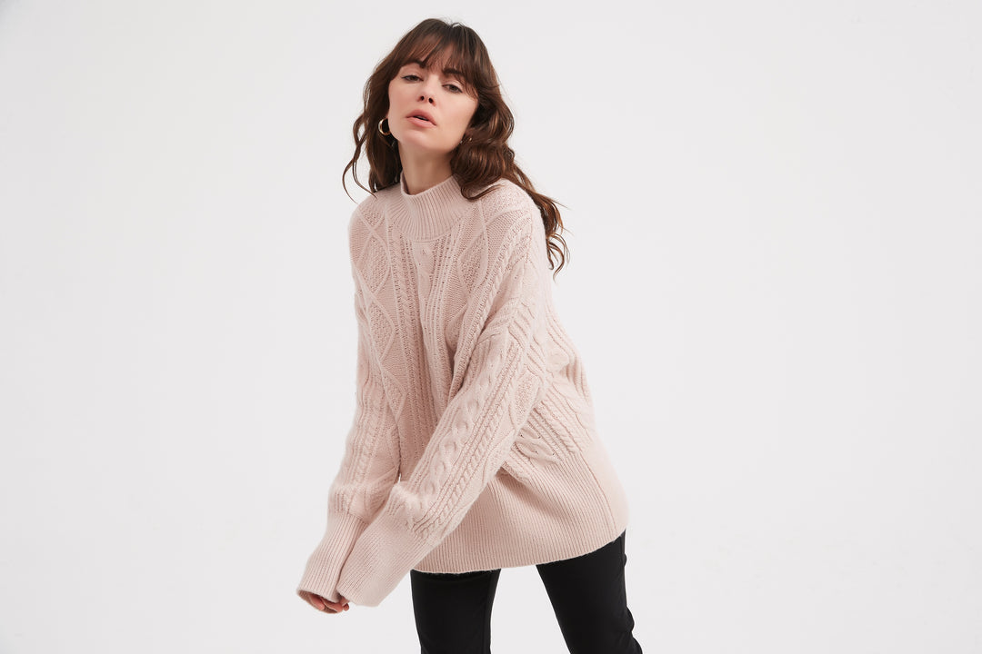 Champagne Pink Classic Cable Turtle Neck Knit