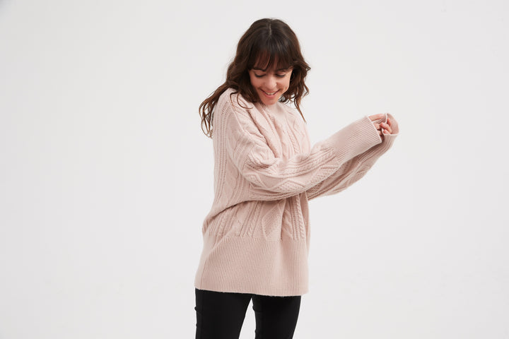 Champagne Pink Classic Cable Turtle Neck Knit