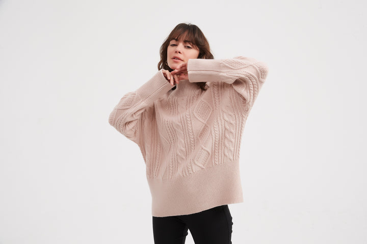 Champagne Pink Classic Cable Turtle Neck Knit