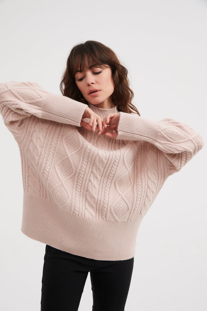 Champagne Pink Classic Cable Turtle Neck Knit