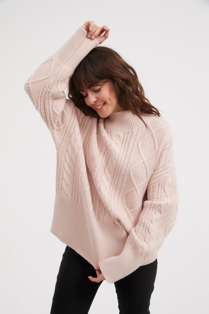 Champagne Pink Classic Cable Turtle Neck Knit