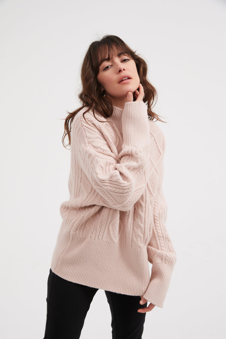 Champagne Pink Classic Cable Turtle Neck Knit