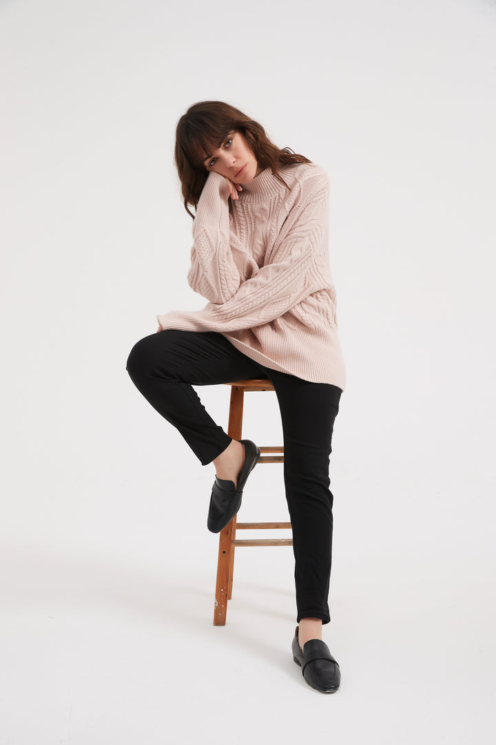 Champagne Pink Classic Cable Turtle Neck Knit