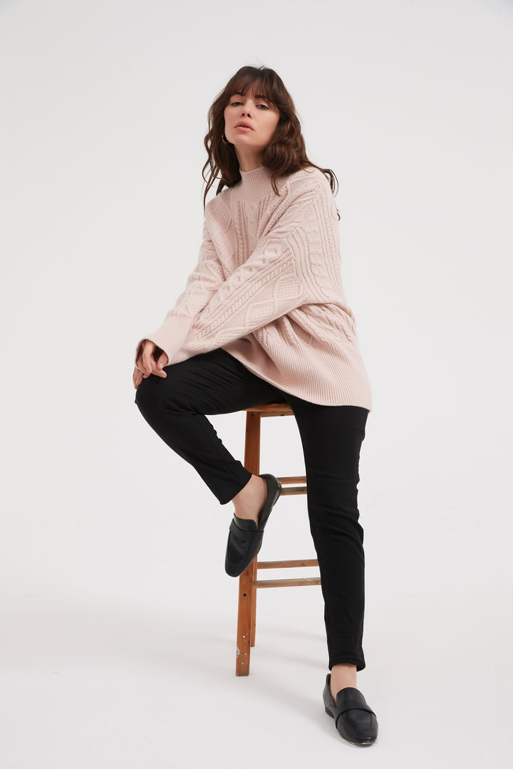 Champagne Pink Classic Cable Turtle Neck Knit