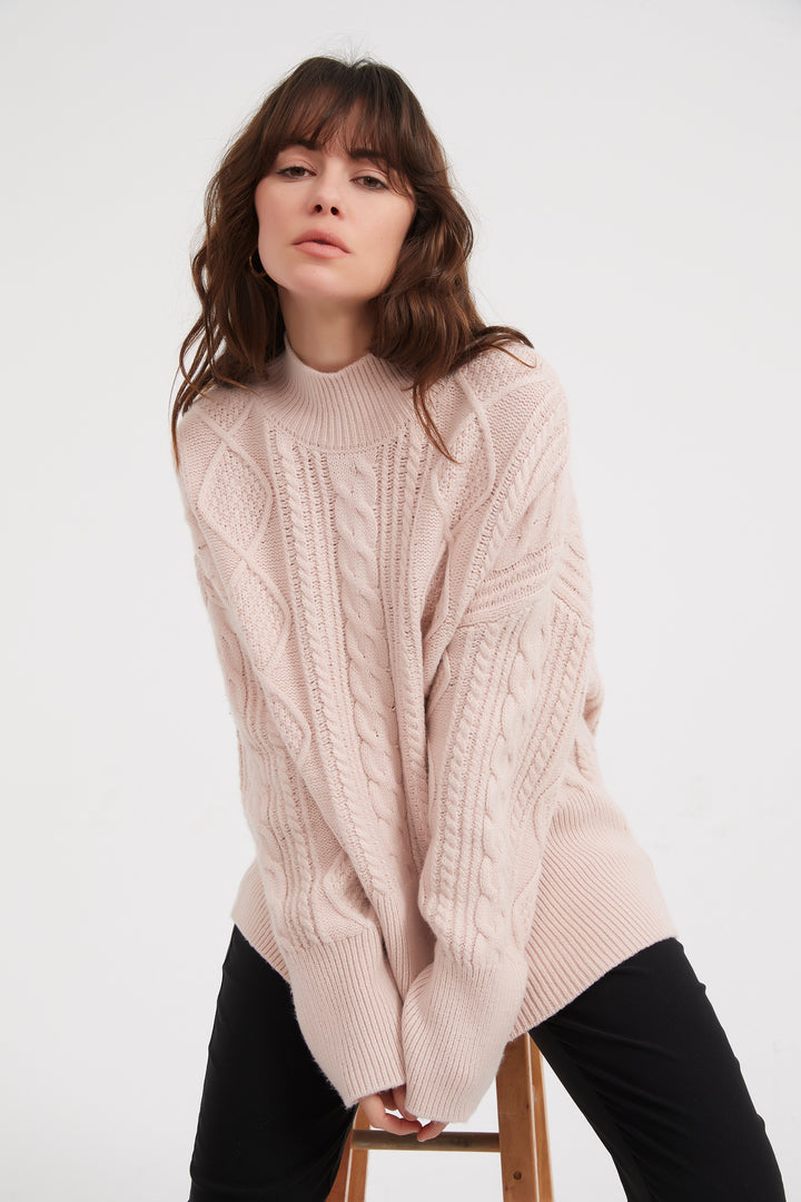 Champagne Pink Classic Cable Turtle Neck Knit