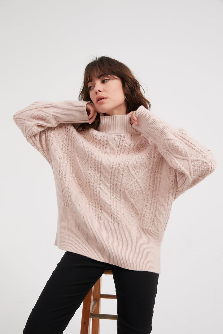 Champagne Pink Classic Cable Turtle Neck Knit