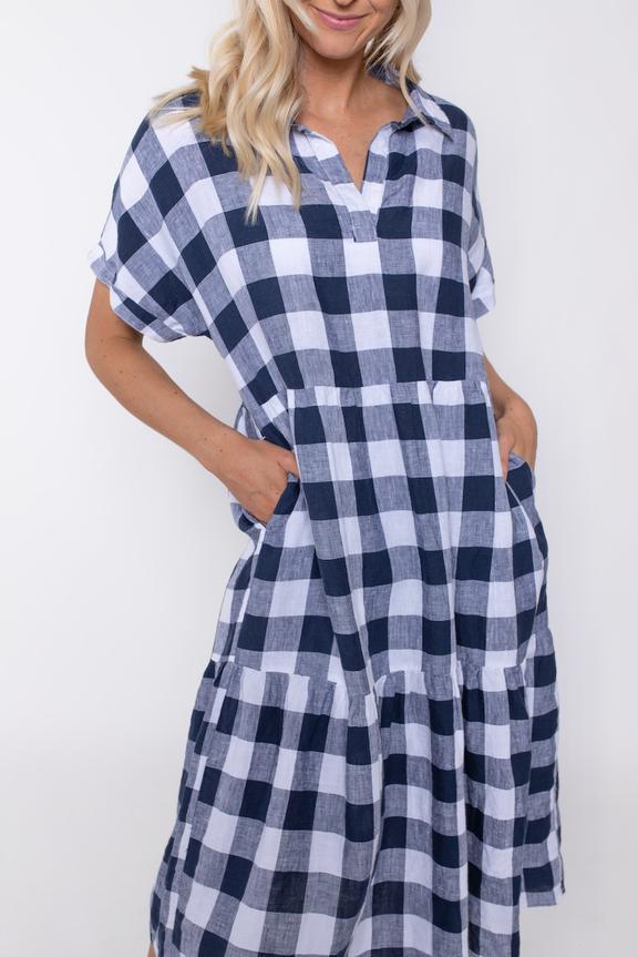 Navy Gingham Linen Midi Dress