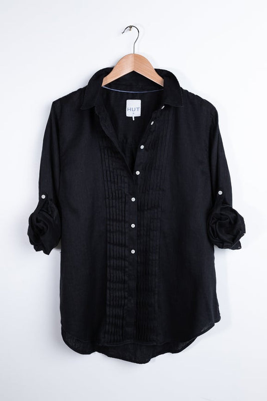 Pintuck Boyfriend Linen Shirt - Black
