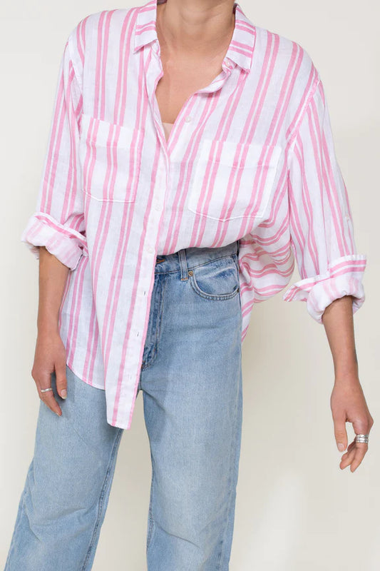 Pink Tracks Stripe Boyfriend Linen Shirt
