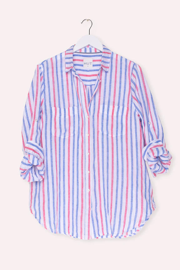 Raspberry Blue White Stripe Boyfriend Linen Shirt