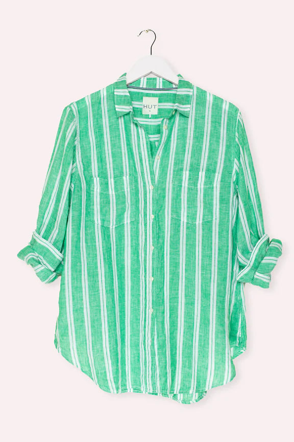 Kelly Green Twin Stripe Boyfriend Linen Shirt