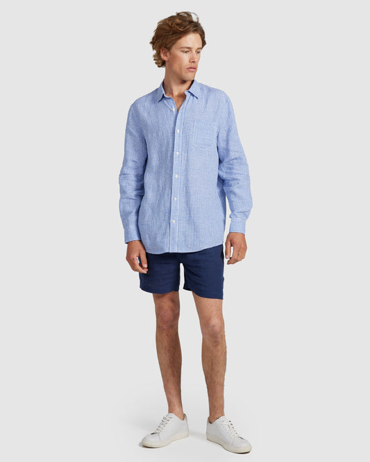 Mens Linen Shirt - Blue Check