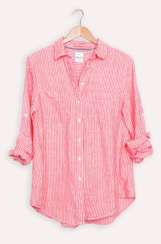 Red Chambray Stripe Irish Linen Boyfriend Shirt